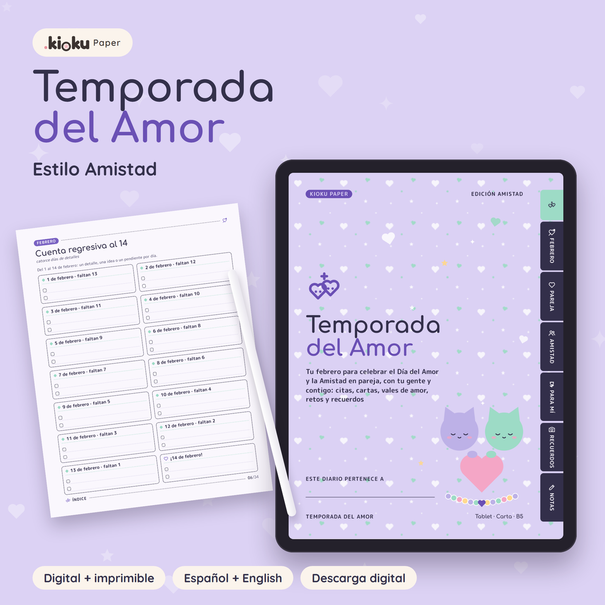 Temporada del Amor estilo Amistad: portada de la versión digital en una tablet y una hoja impresa tamaño carta