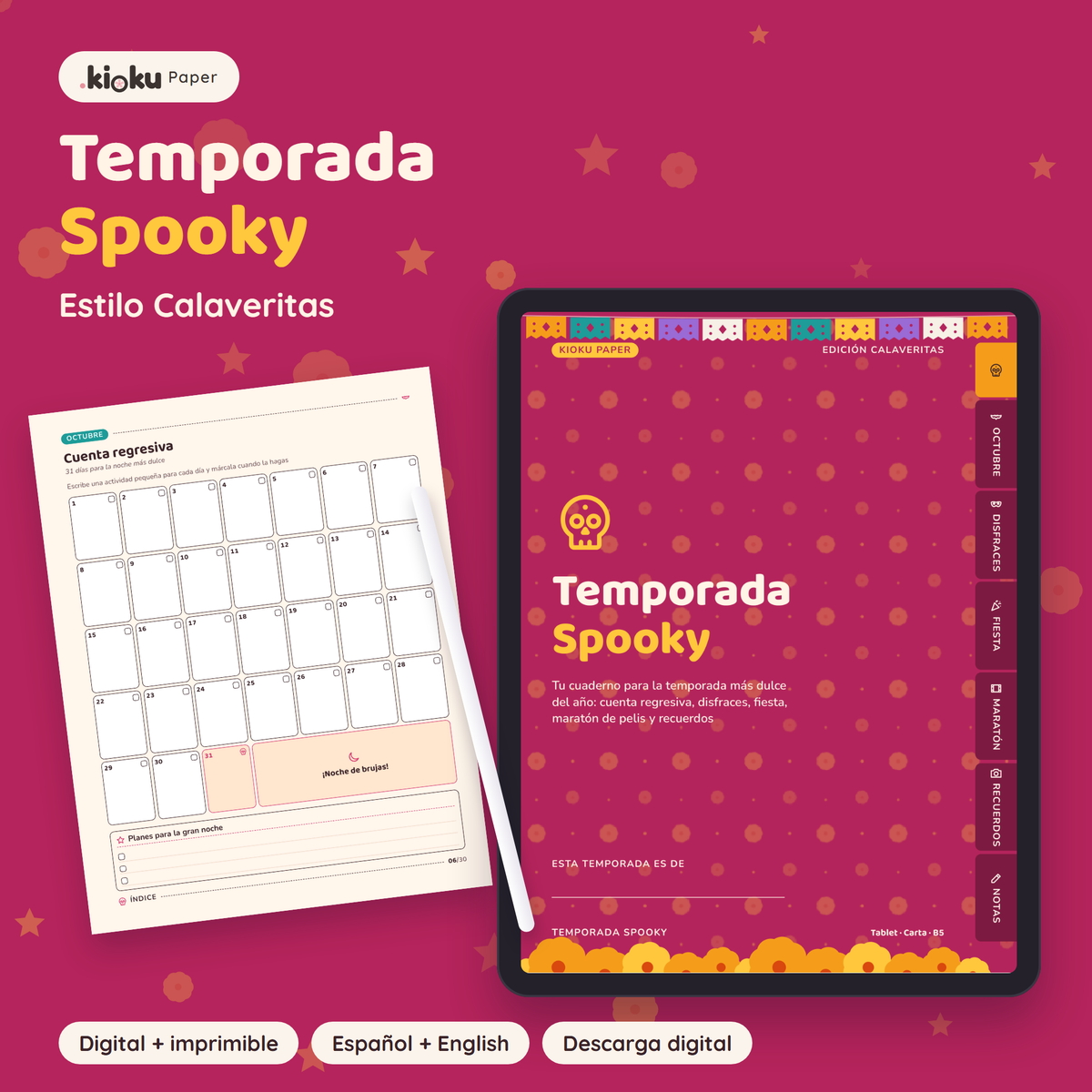 Temporada Spooky estilo Calaveritas: portada del cuaderno digital en una tablet y una hoja impresa tamaño carta