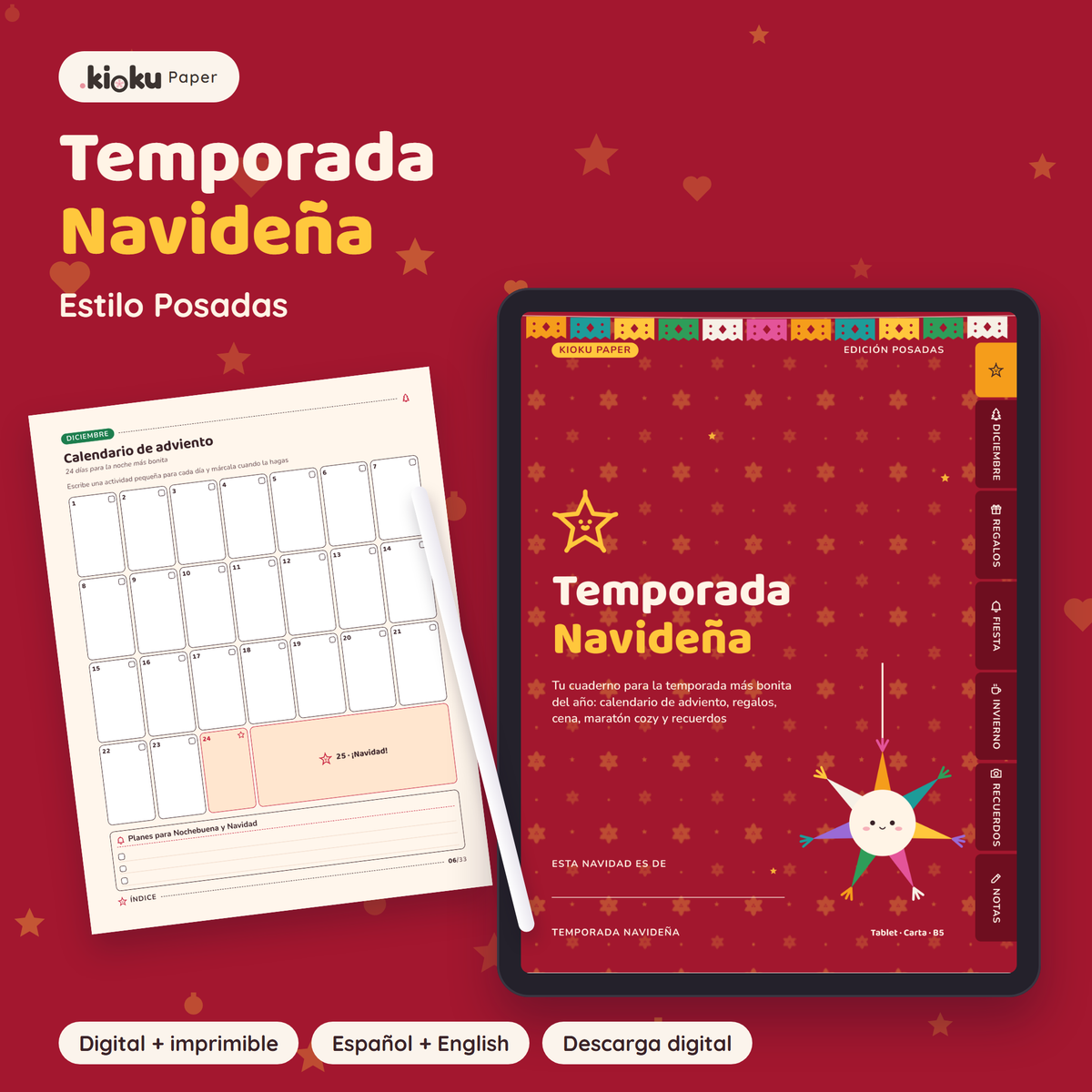 Temporada Navideña estilo Posadas: portada de la versión digital en una tablet y una hoja impresa tamaño carta
