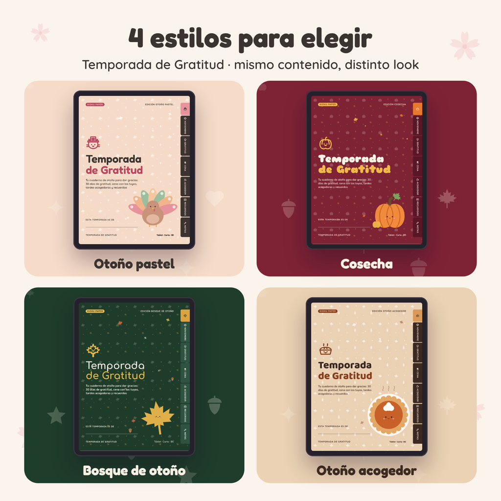 Temporada de Gratitud en 4 estilos: Otoño pastel, Cosecha, Bosque de otoño y Otoño acogedor