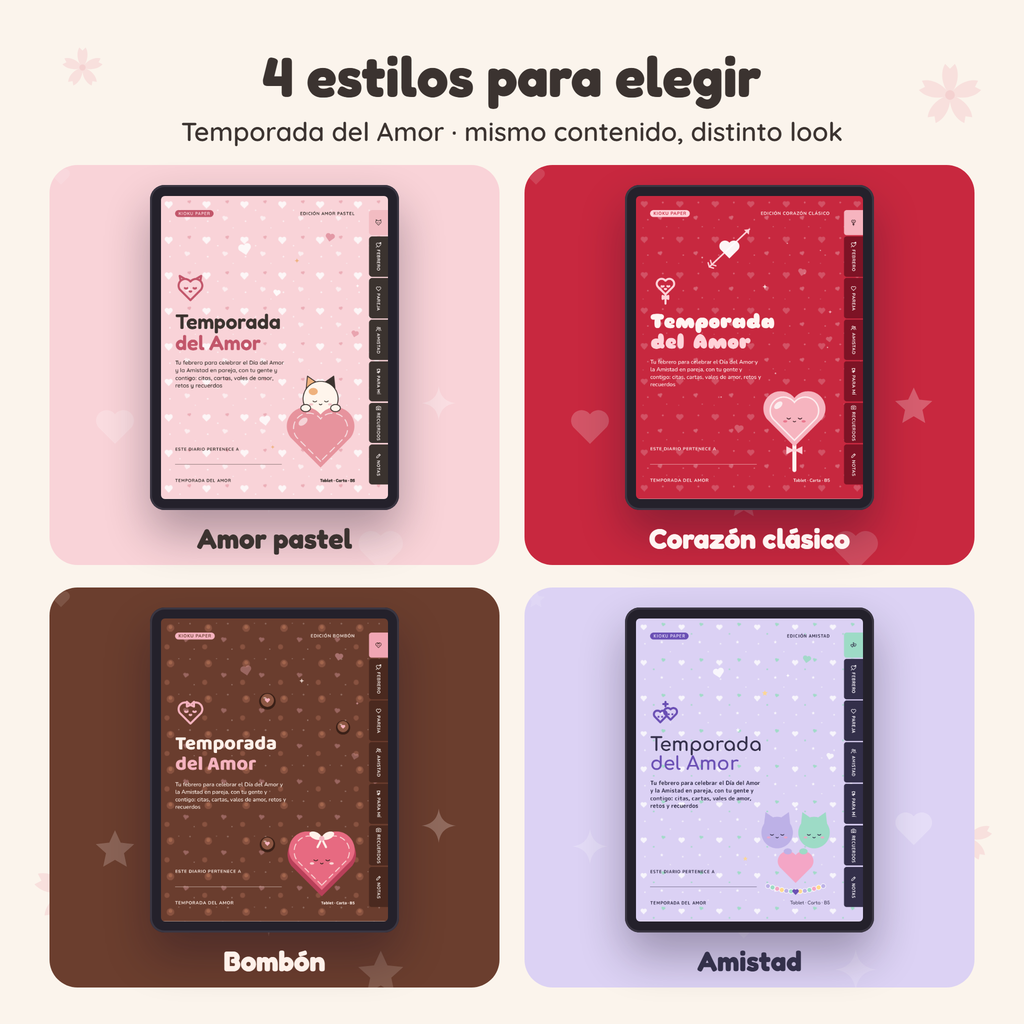 Temporada del Amor en 4 estilos: Amor pastel, Corazón clásico, Bombón y Amistad