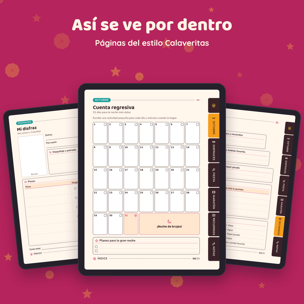 Páginas interiores de Temporada Spooky en el estilo Calaveritas, vistas en tres tablets