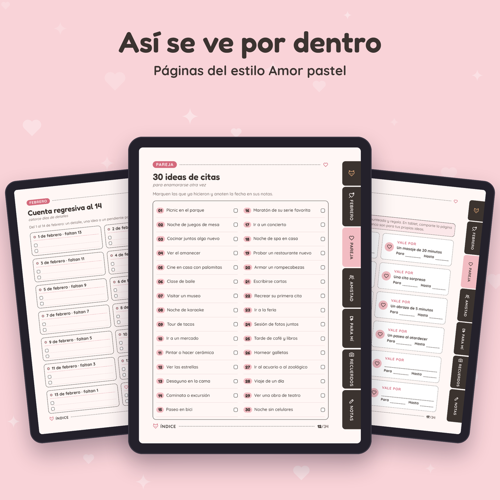 Páginas interiores de Temporada del Amor en el estilo Amor pastel, vistas en tres tablets