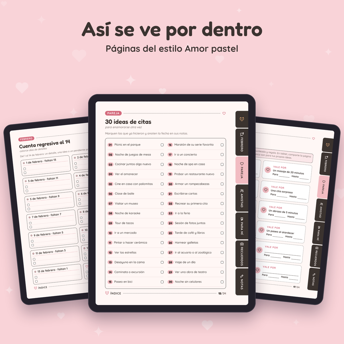 Páginas interiores de Temporada del Amor en el estilo Amor pastel, vistas en tres tablets