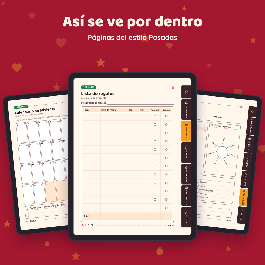 Páginas interiores de Temporada Navideña en el estilo Posadas, vistas en tres tablets