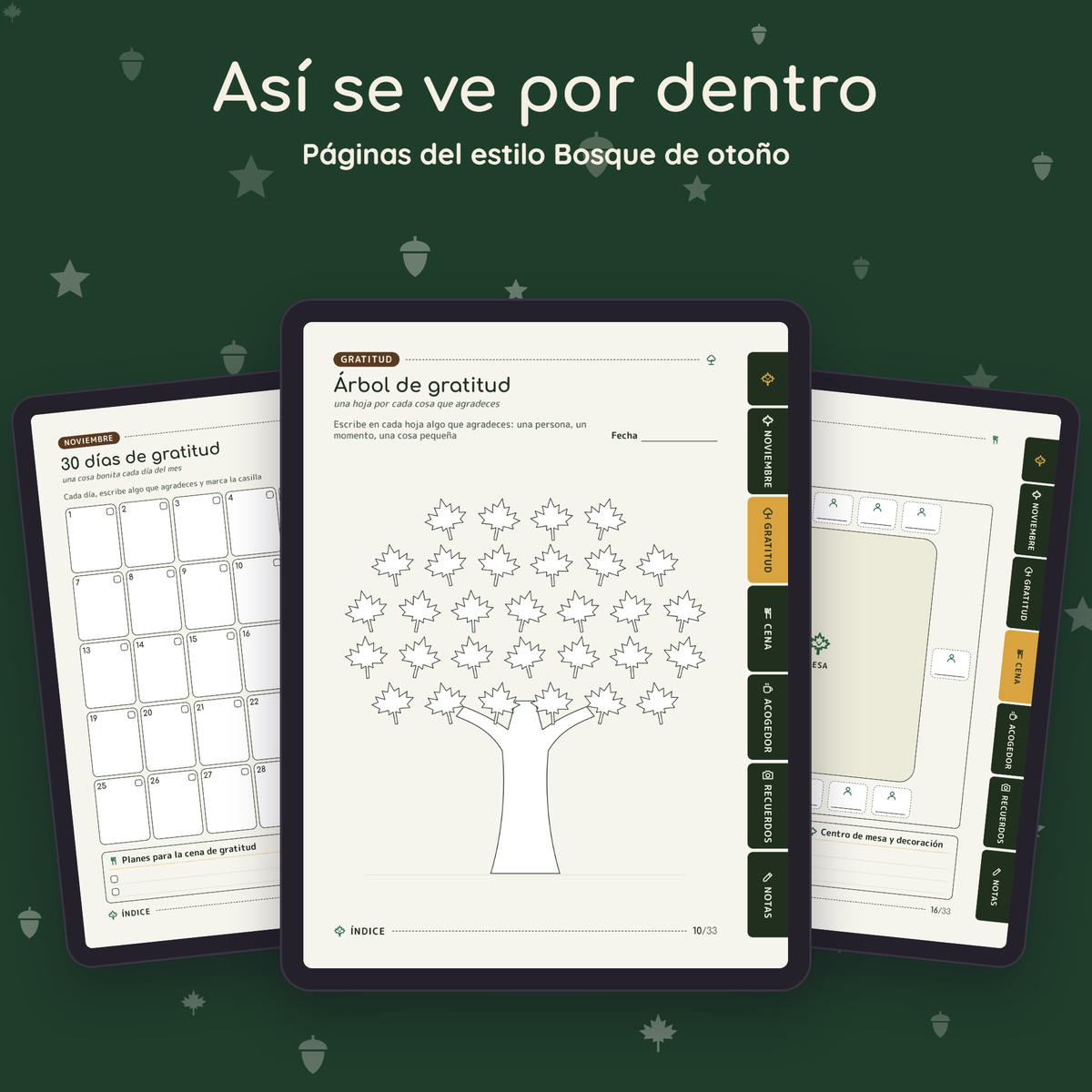Páginas interiores de Temporada de Gratitud en el estilo Bosque de otoño, vistas en tres tablets