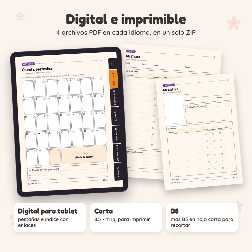 Temporada Spooky en formato digital para tablet e imprimible tamaño carta y B5