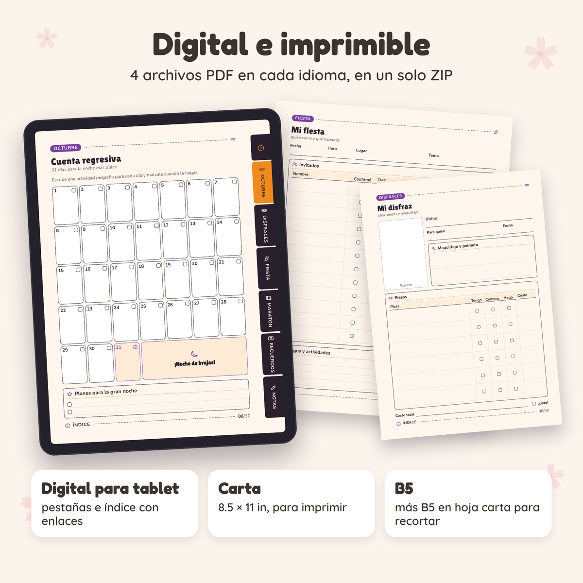 Temporada Spooky en formato digital para tablet e imprimible tamaño carta y B5