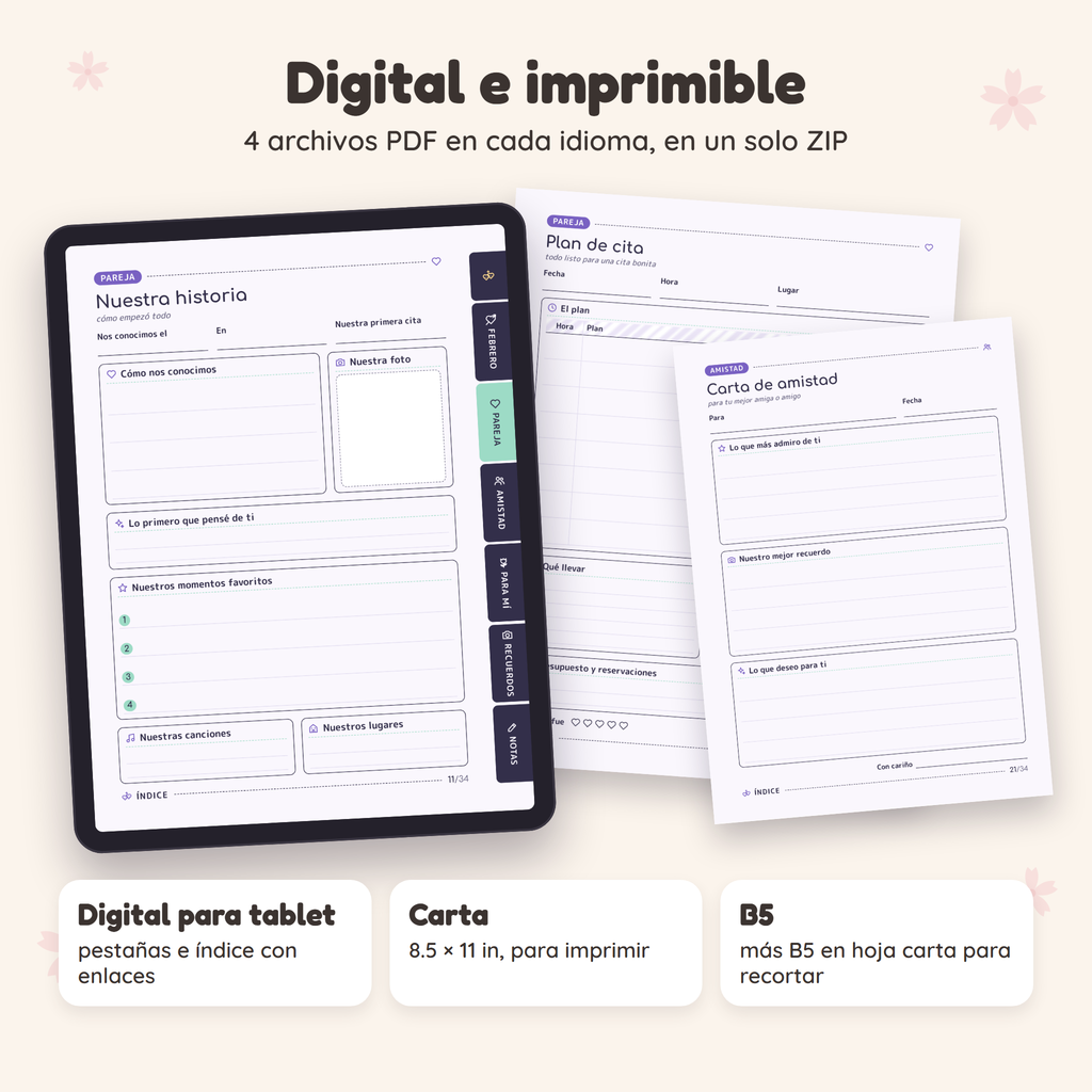 Temporada del Amor en formato digital para tablet e imprimible tamaño carta y B5