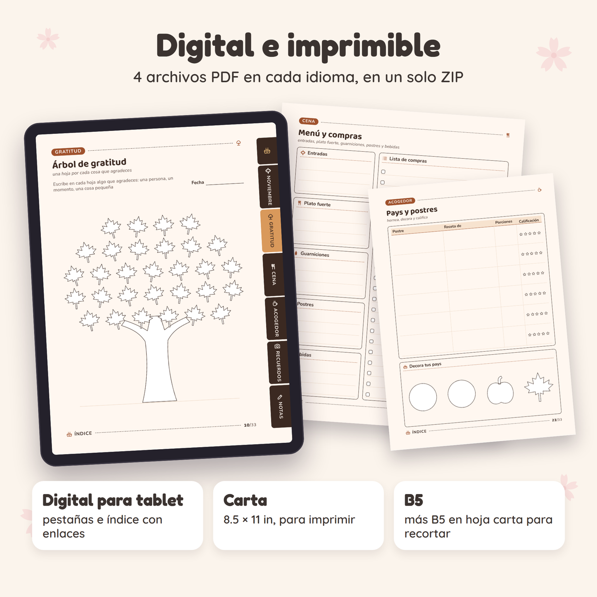 Temporada de Gratitud en formato digital para tablet e imprimible tamaño carta y B5