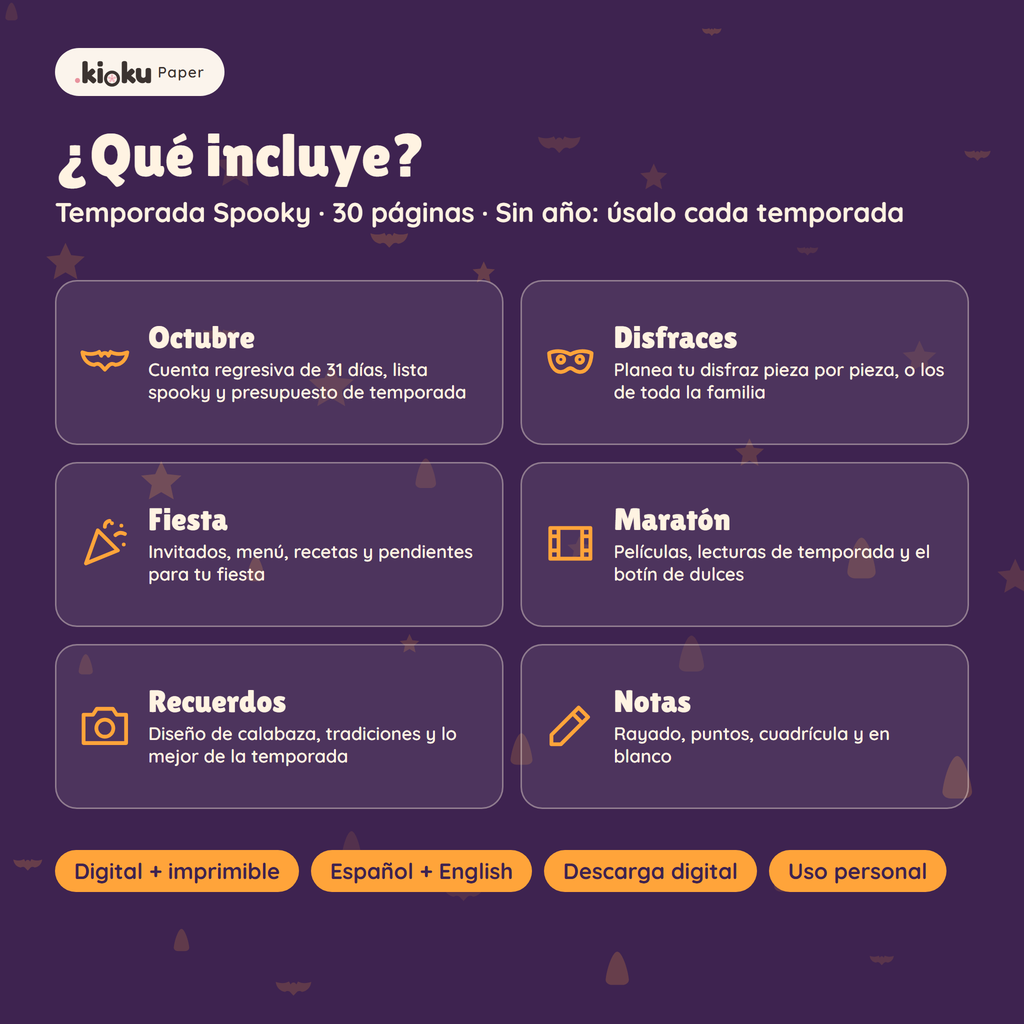 Secciones de Temporada Spooky: Octubre, Disfraces, Fiesta, Maratón, Recuerdos, Notas