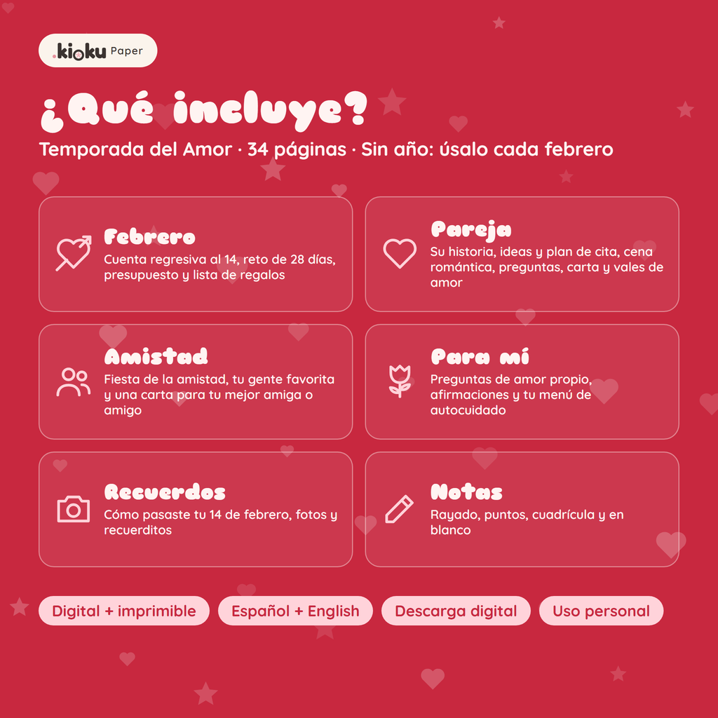 Secciones de Temporada del Amor: Febrero, Pareja, Amistad, Para mí, Recuerdos, Notas
