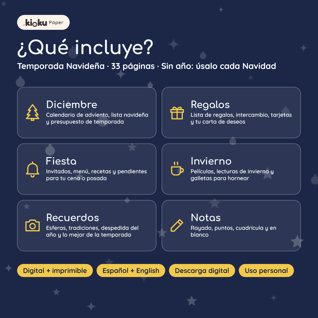 Secciones de Temporada Navideña: Diciembre, Regalos, Fiesta, Invierno, Recuerdos, Notas