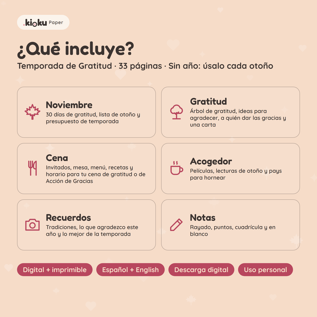 Secciones de Temporada de Gratitud: Noviembre, Gratitud, Cena, Acogedor, Recuerdos, Notas
