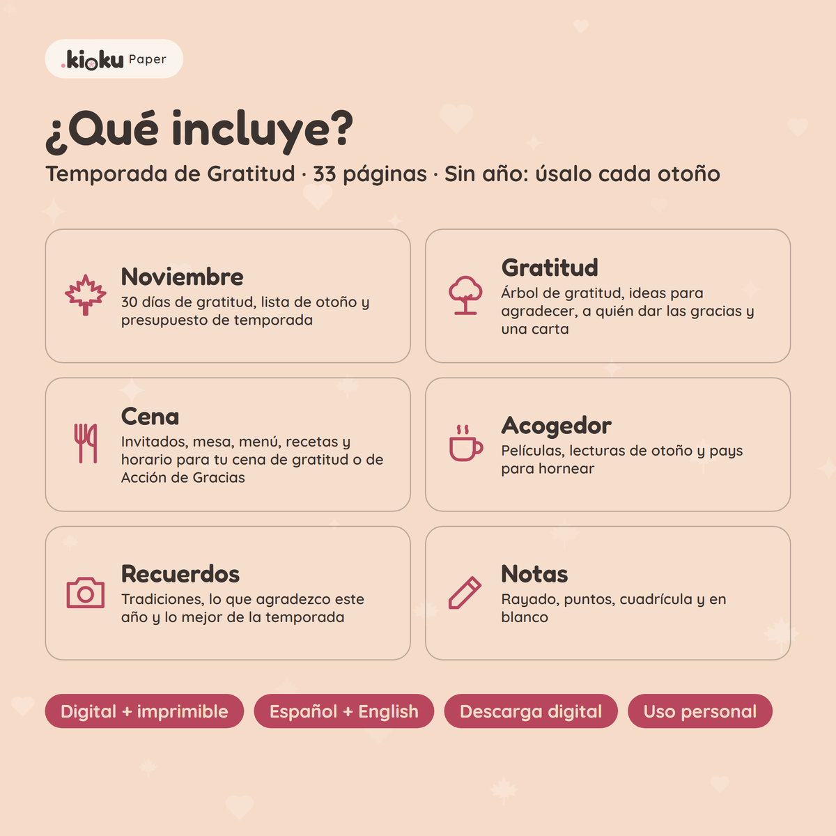 Secciones de Temporada de Gratitud: Noviembre, Gratitud, Cena, Acogedor, Recuerdos, Notas